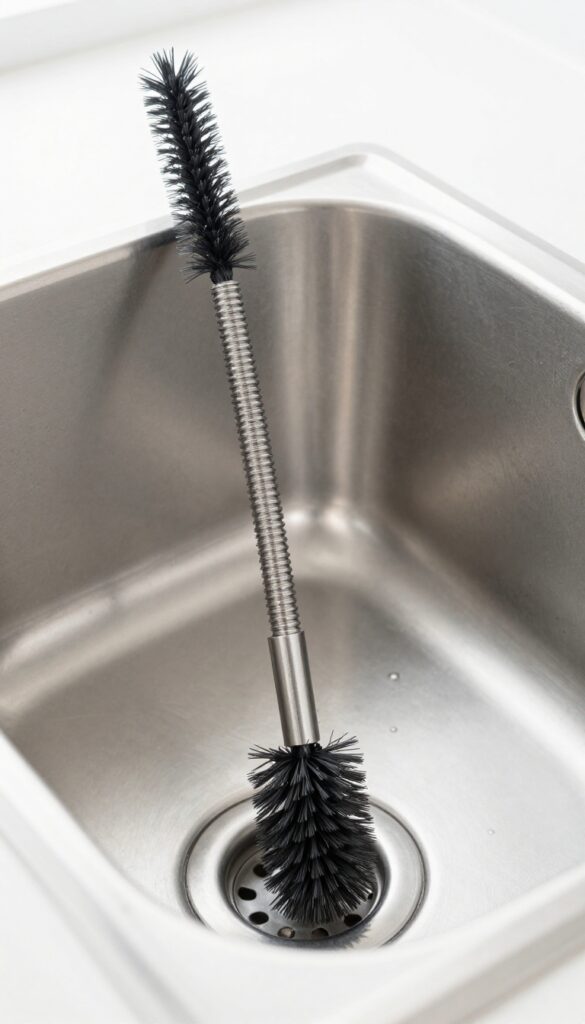 A drain brush being inserted into a kitchen sink drain to scrub away biofilm and debris.