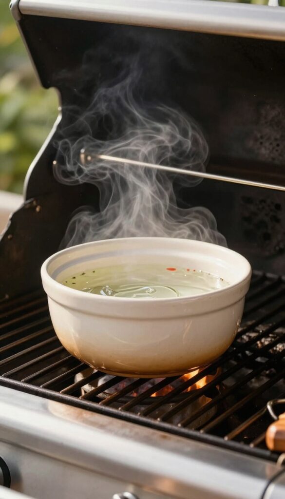 Steam cleaning grill grates with vinegar and water in a heat-safe bowl
