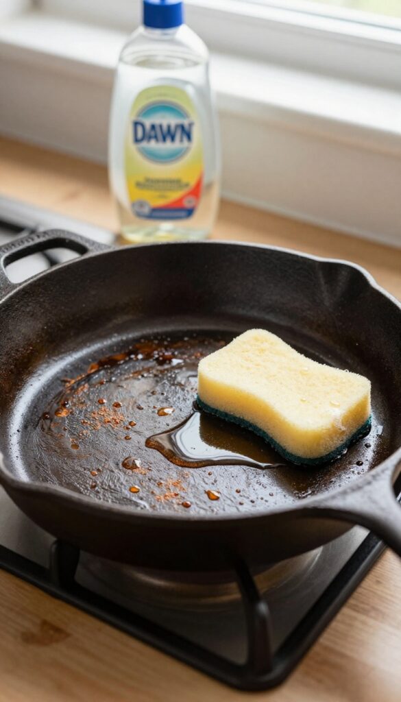 Cast iron skillet with mild dish soap and sponge on stovetop