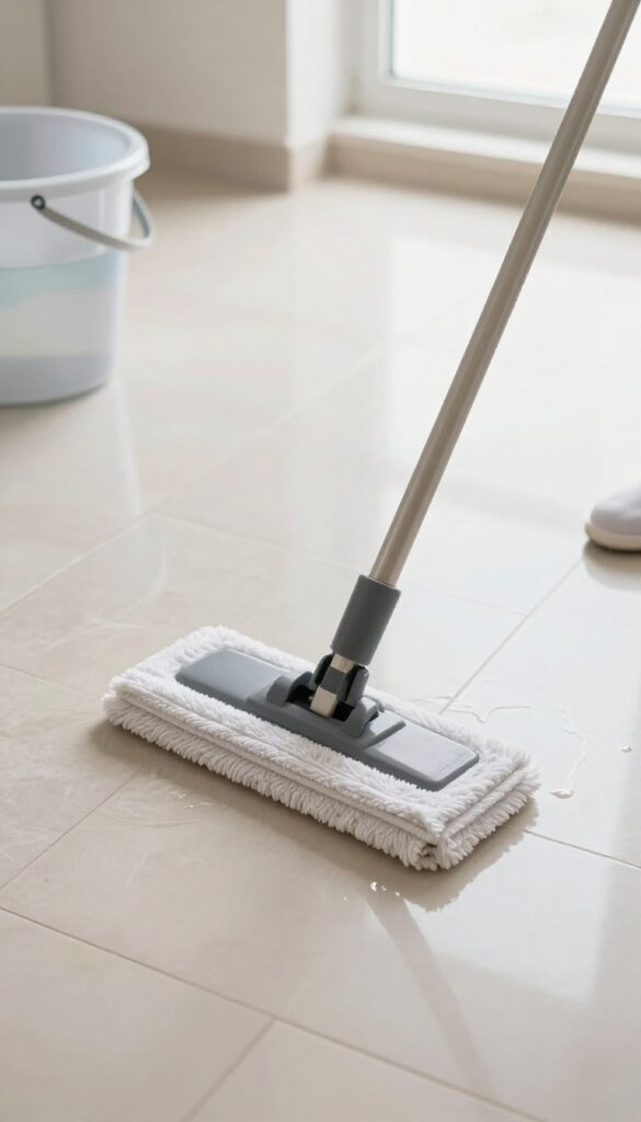 Mopping a clean tile floor with a flat microfiber mop, bright natural light, minimalist composition