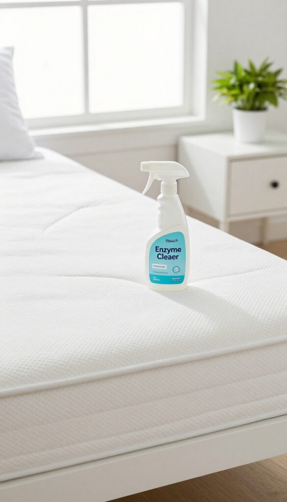 Enzyme cleaner spray bottle on nightstand next to clean white mattress in bright room