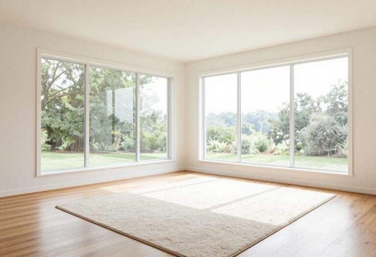 Bright living room with clean hardwood floor and rug