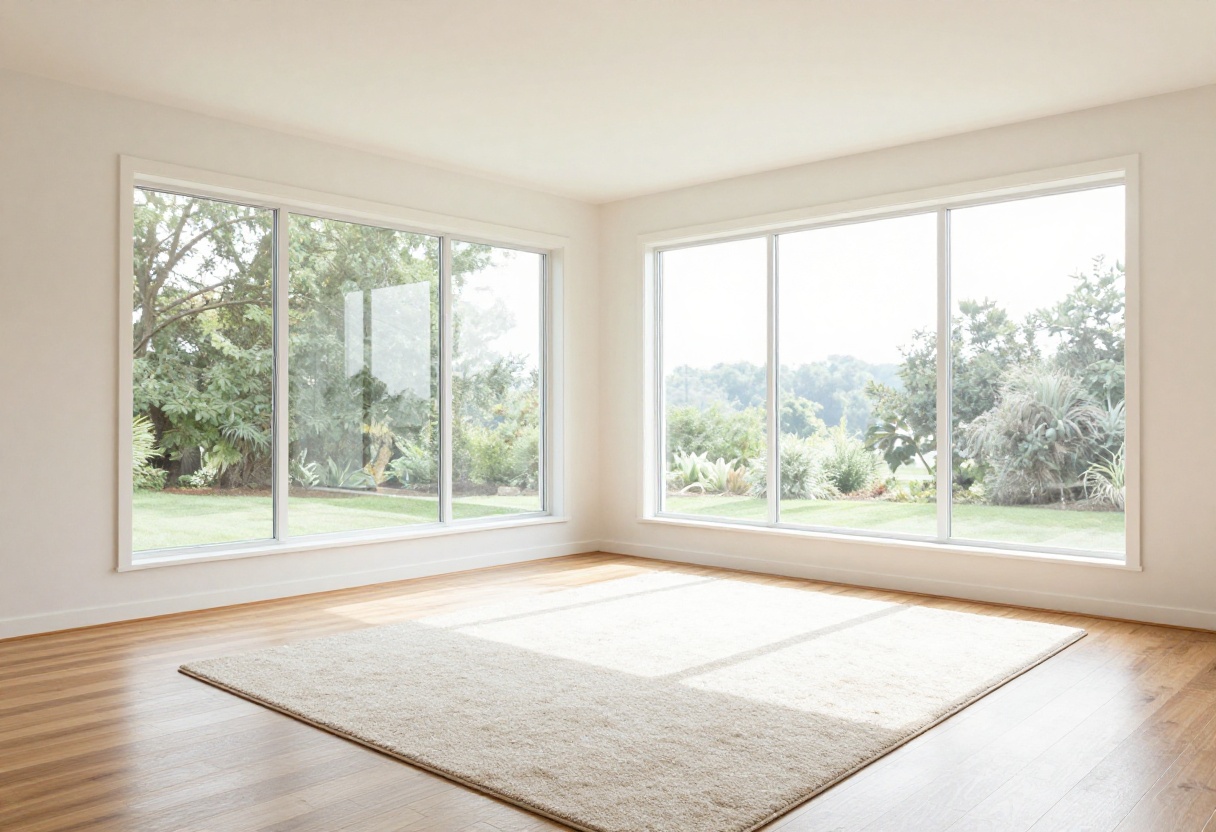 Bright living room with clean hardwood floor and rug