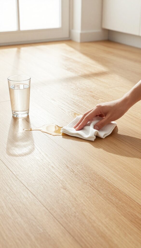 Person blotting a water spill on a laminate wood floor with a microfiber cloth in a bright kitchen