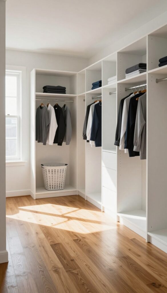 Empty closet floor with no clutter, bright natural light, clean minimalist style
