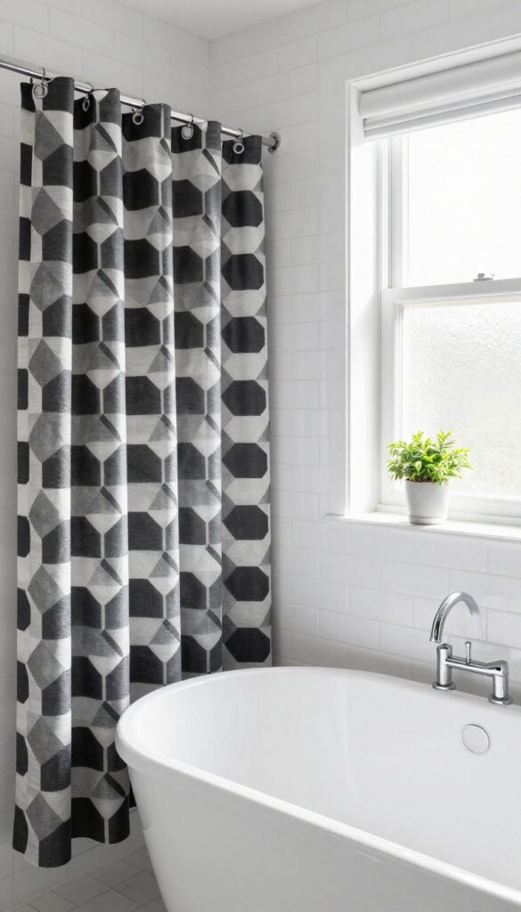 Bright bathroom with bold geometric shower curtain