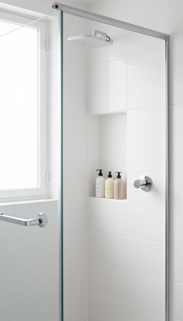 Small shower with built-in niche shelves for storage, bright natural light, clean design