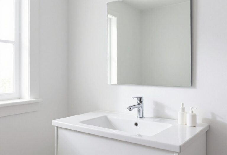A sparkling clean bathroom with a white sink, mirror, and organized countertop in natural light.
