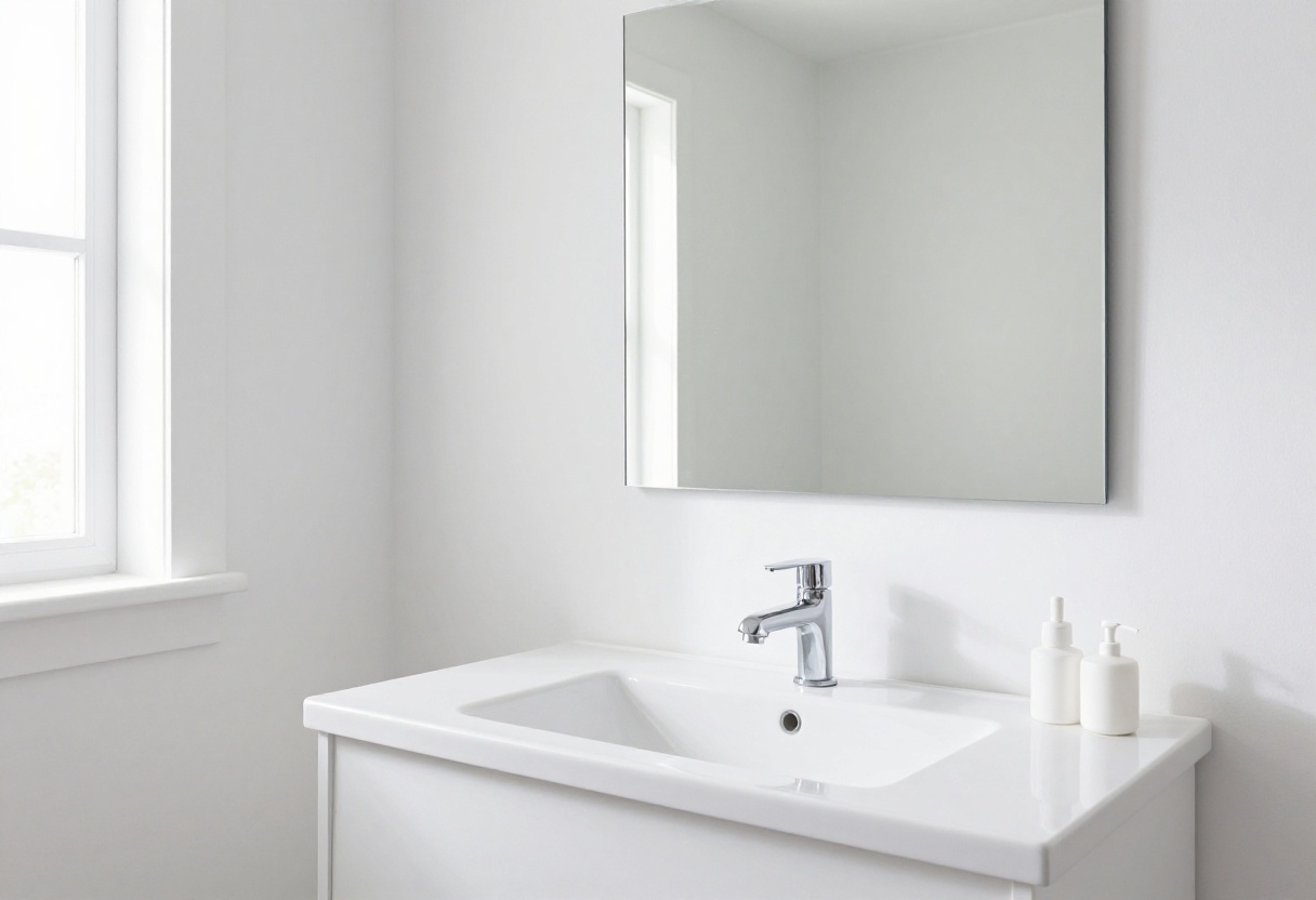 A sparkling clean bathroom with a white sink, mirror, and organized countertop in natural light.