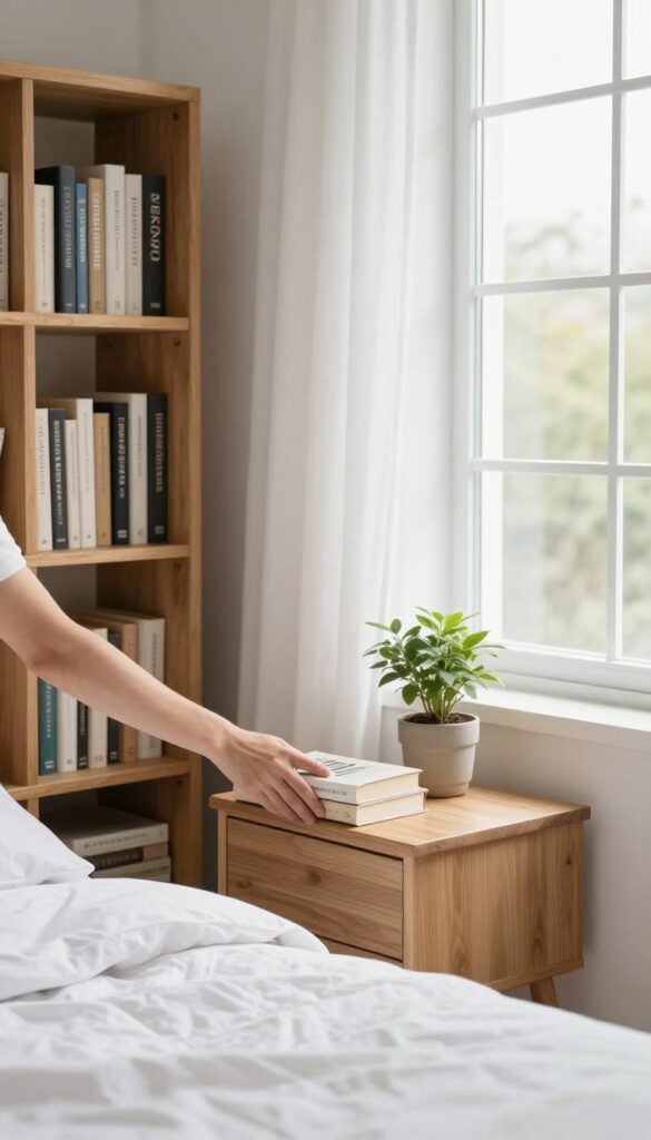 A hand placing a book back on a shelf in a tidy, sunlit bedroom