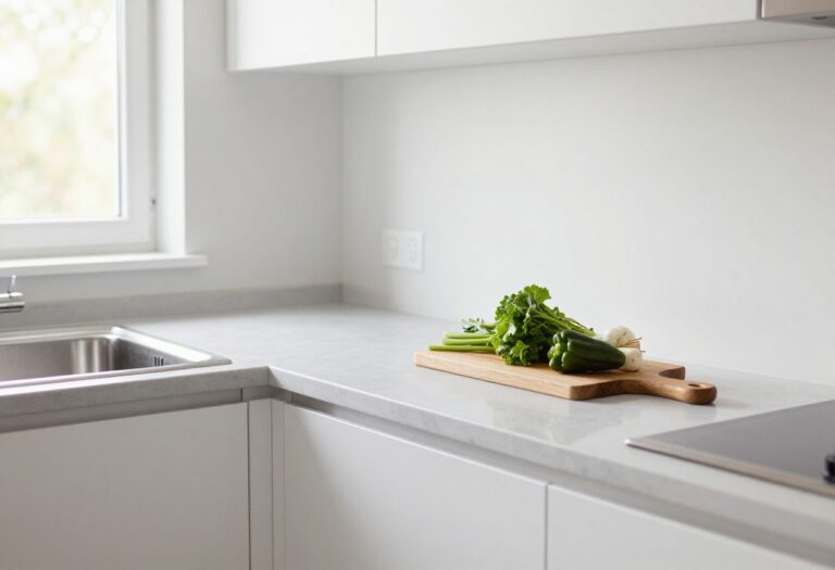 Bright clean kitchen with organized countertops and fresh vegetables