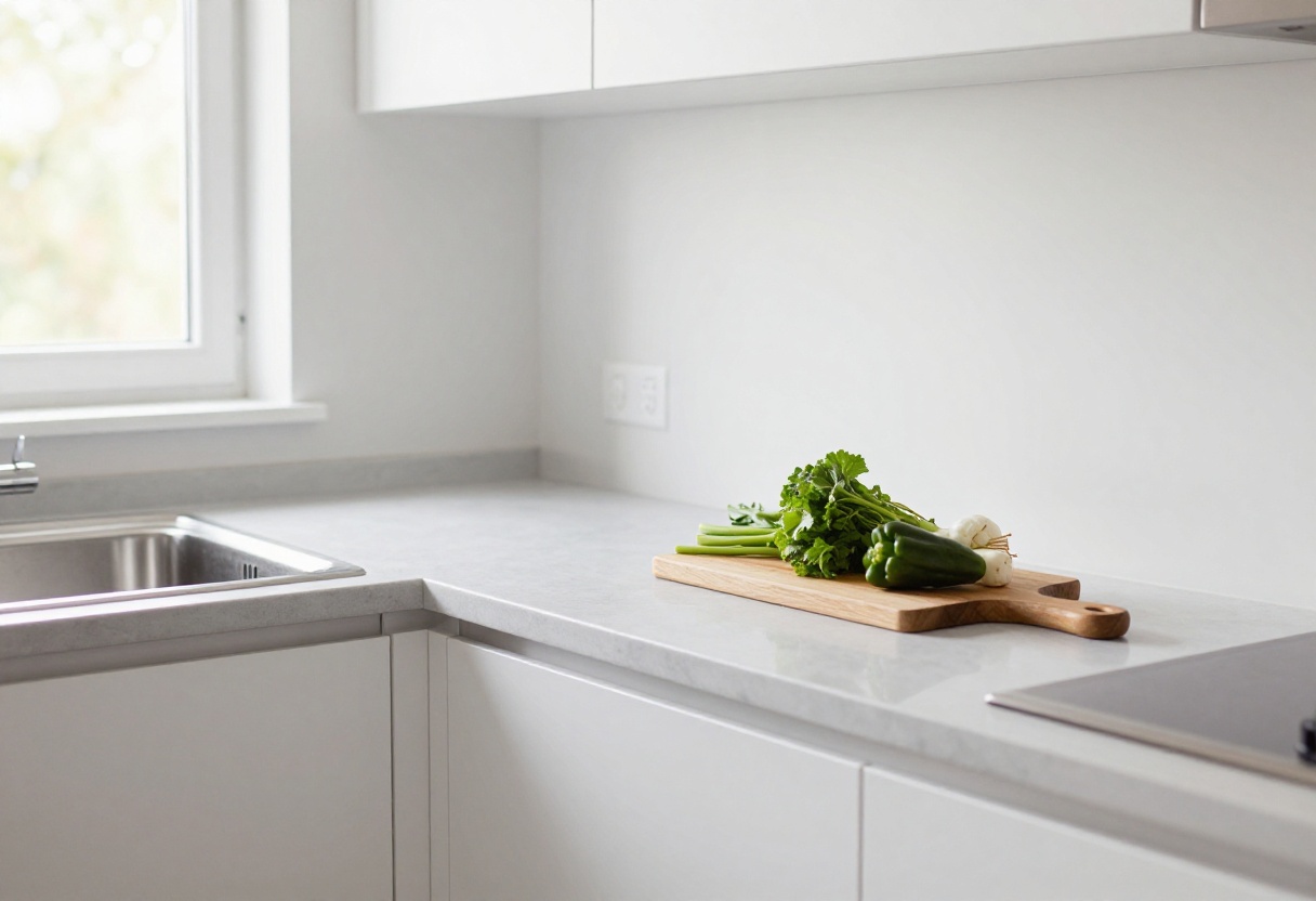 Bright clean kitchen with organized countertops and fresh vegetables