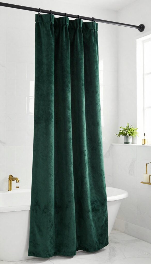 Dark emerald velvet shower curtain in a bright white marble bathroom with matte black hardware and brass accents