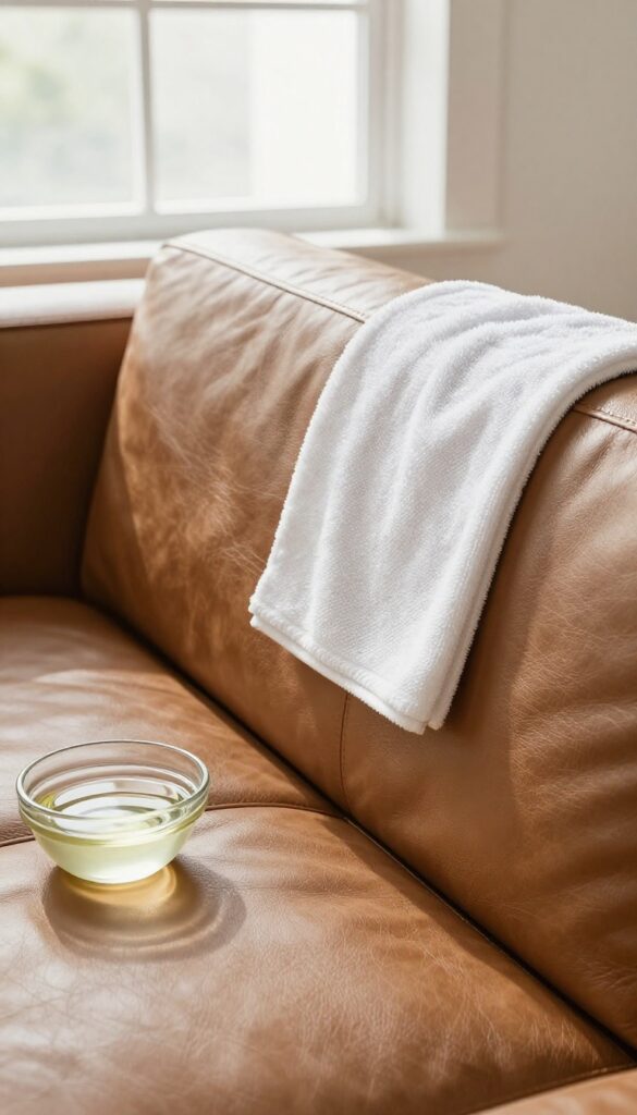 Cleaning a leather couch with a vinegar and olive oil conditioner using a soft cloth, natural light
