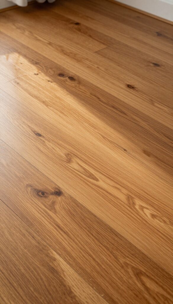 Hardwood floor close-up showing worn finish next to freshly refinished glossy section