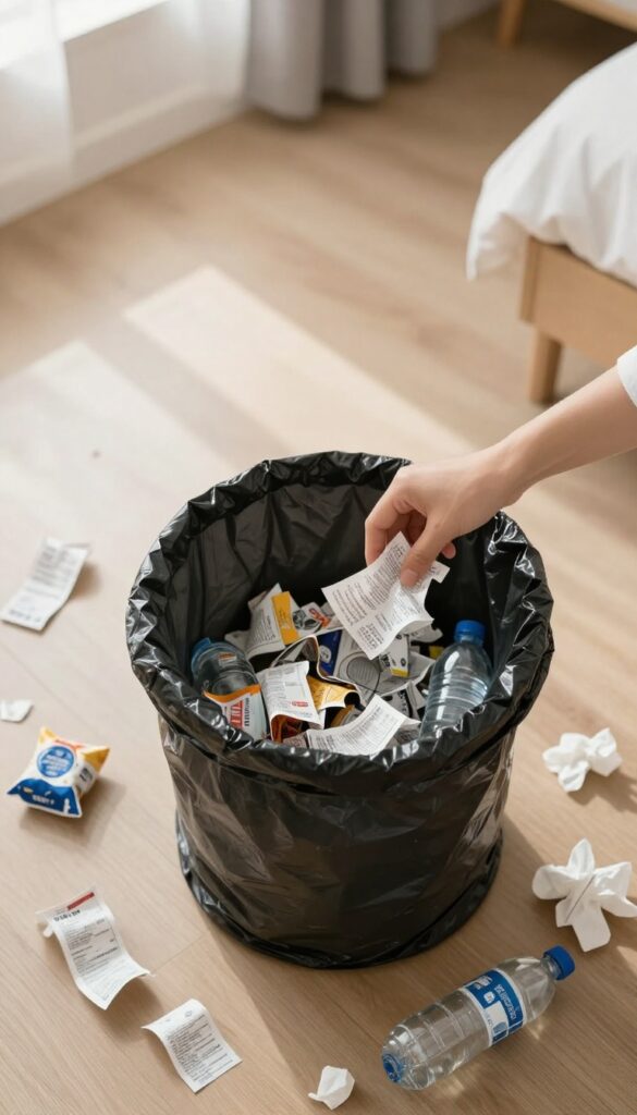 Hand tossing trash into a black bag on a messy bedroom floor with scattered receipts and bottles