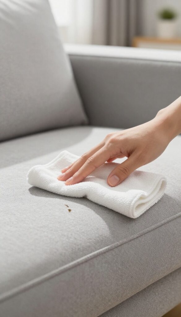 Hand blotting a spill on a gray couch with a white microfiber cloth in bright natural light