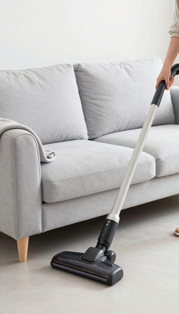 Person vacuuming a light gray couch with an upholstery attachment in a bright living room