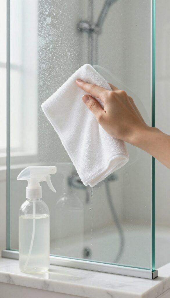 Soft microfiber cloth wiping clear shower glass, with vinegar spray bottle on marble shelf