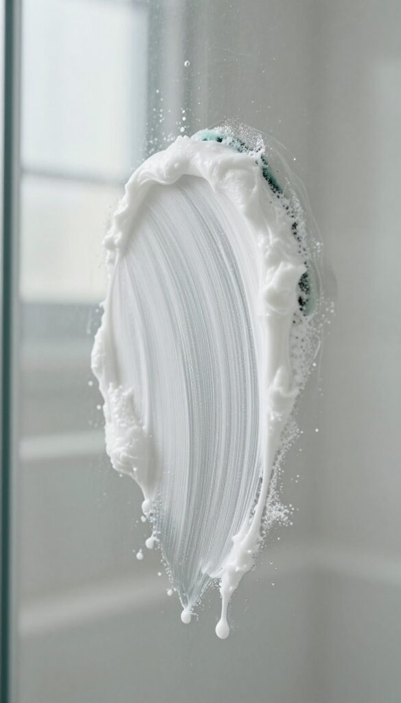 Applying baking soda paste to a glass shower door to remove stubborn spots