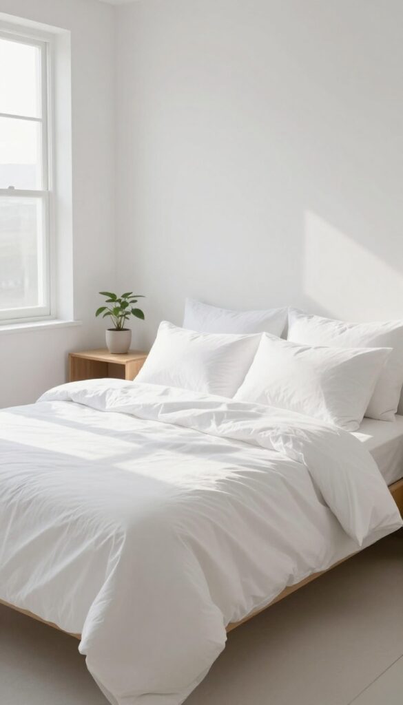 Neatly made bed in a bright, clean bedroom with morning sunlight