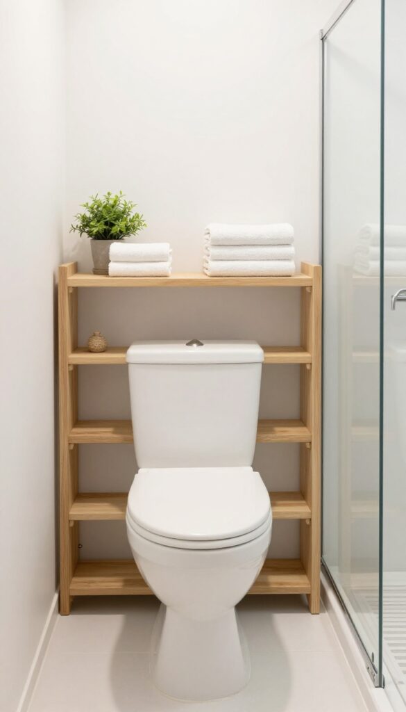 Over-the-toilet shelving in a small bathroom with towels and baskets, shower area visible