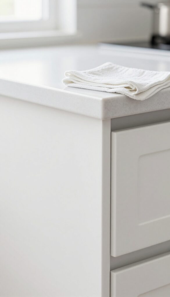 Close-up of a clean kitchen baseboard being wiped with a microfiber cloth, bright natural light, spotless finish