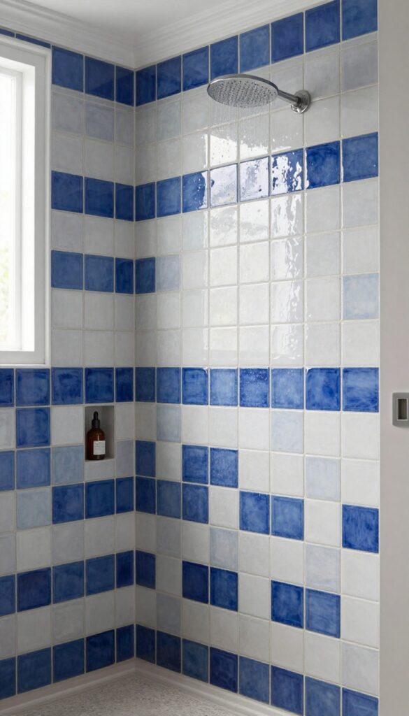 Zellige tile shower with glossy handmade tiles in white and blue, natural light, and rainfall showerhead