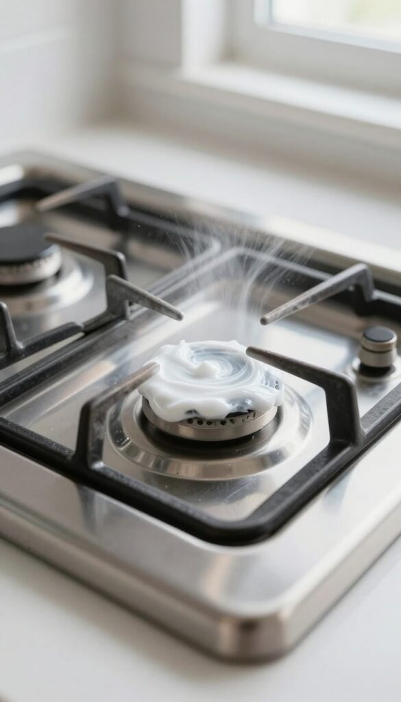 Close-up of a stainless steel gas stove grate with white cream cleanser on one side and clean shiny metal on the other, bright natural light, kitchen background