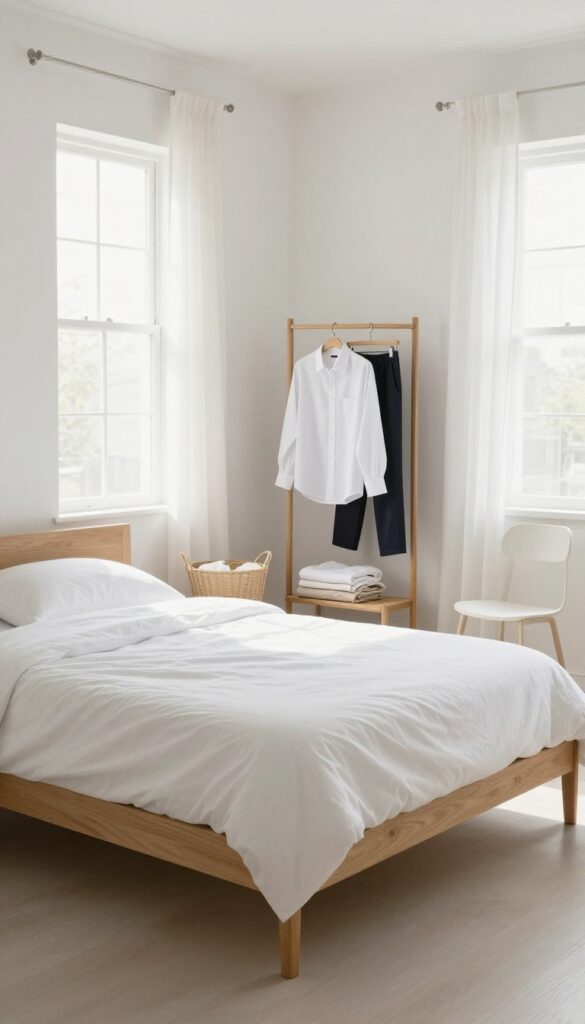 A clean bedroom with clothes put away, a valet stand, and a hamper.