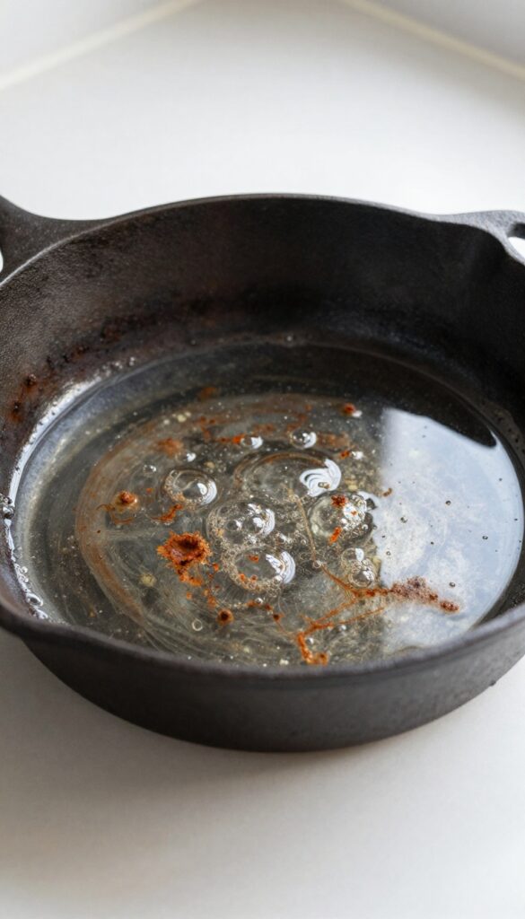 Cast iron skillet soaking in vinegar and water solution for rust removal