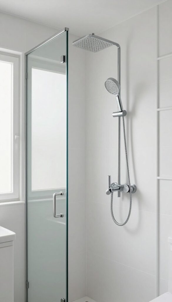 Small bathroom shower with rain shower head and handheld shower head on slide bar, spa-like design
