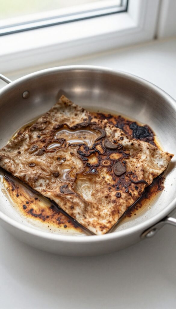 Stainless steel pan with burnt residue and a dryer sheet soaking in warm water
