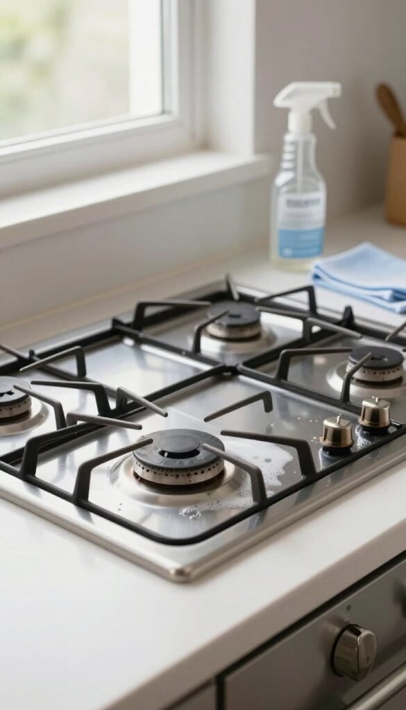 Weekly deep-clean routine for a gas stove with grates soaking in soapy water and clean stovetop