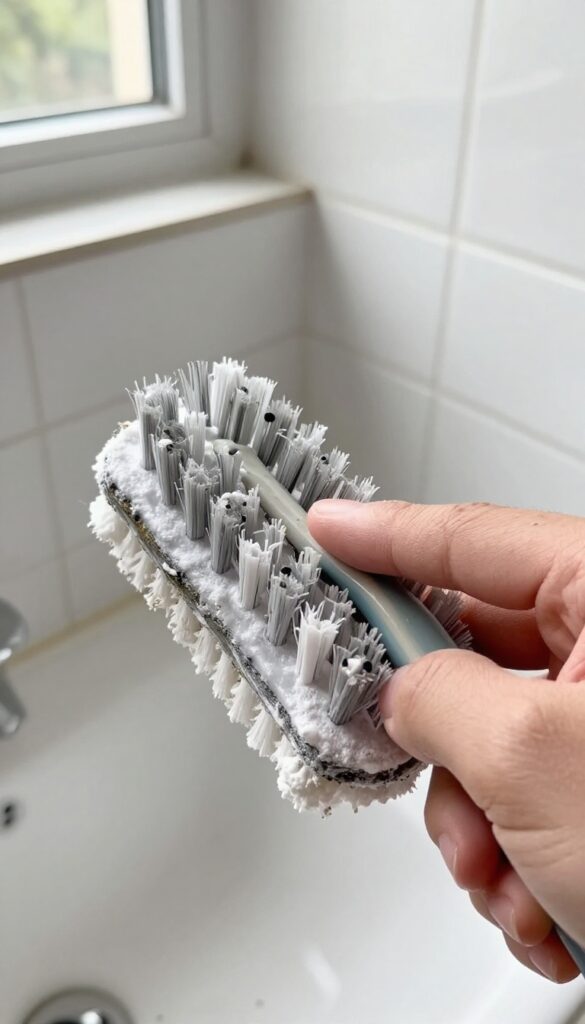 Person scrubbing dirty grout with a toothbrush in a bright bathroom