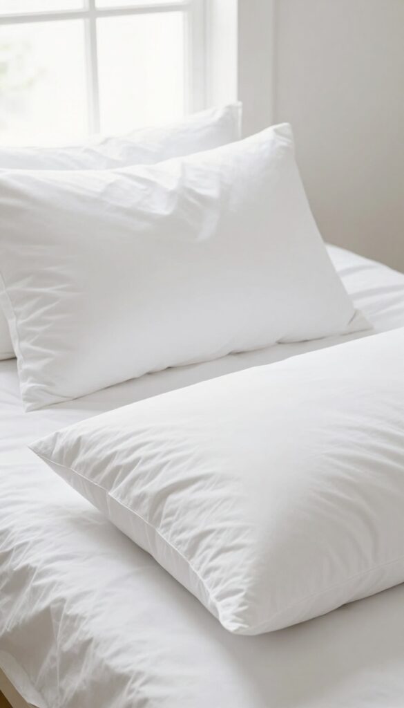 Two fluffy white pillows on a clean bed in natural light, representing freshly washed bedding.