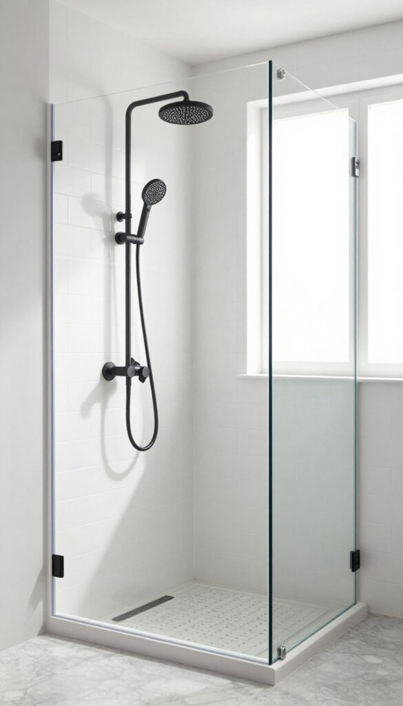 Modern bathroom shower with matte black fixtures against white tiles