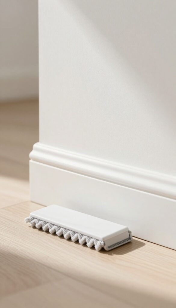 Clean white baseboard with microfiber duster in bright natural light