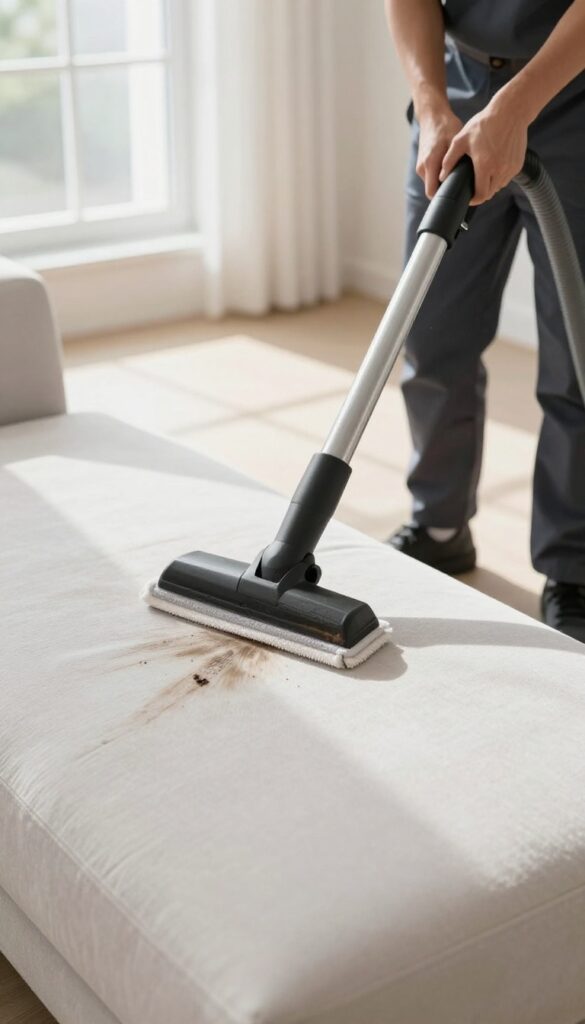 Professional cleaner using hot water extraction machine on a stained microfiber couch