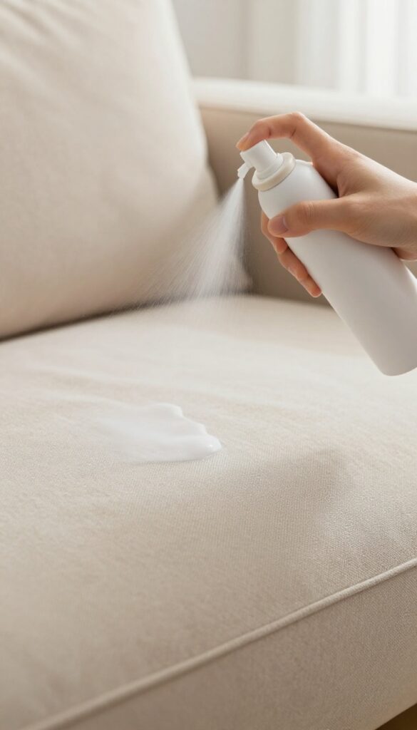 Hand spraying fabric protector on a clean beige sofa cushion