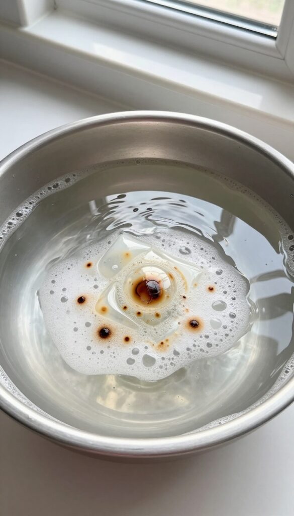 Baking sheet soaking in hot water with dishwasher pod to remove burnt-on food