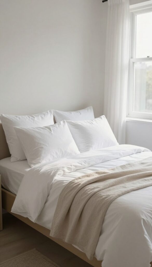 Neatly fluffed pillows and a folded throw on a bed in a bright, clean bedroom
