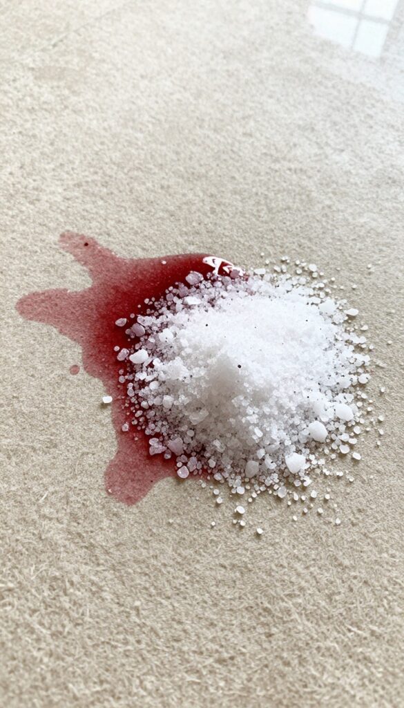 White table salt piled on a fresh red wine spill on a light beige carpet, absorbing the liquid.