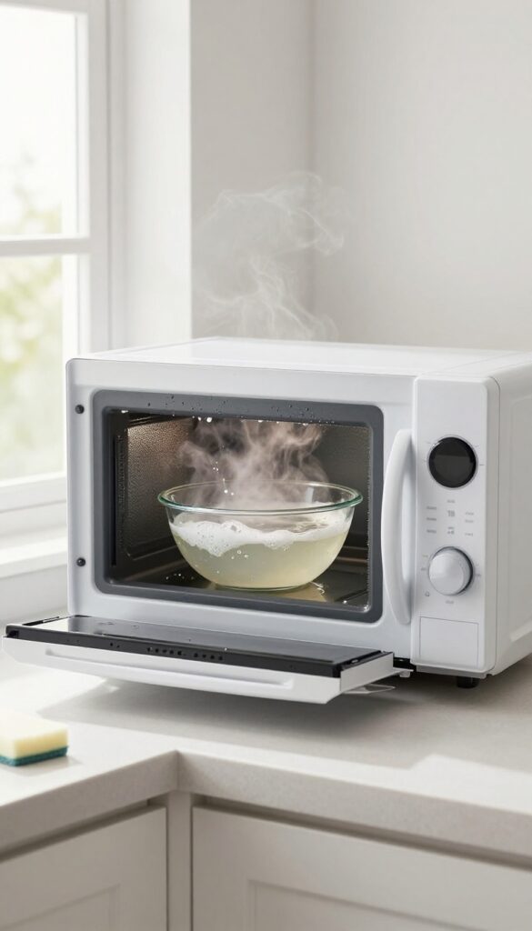 Microwave interior with steam from a bowl of soapy water, loosening food splatters and grease for easy cleaning.