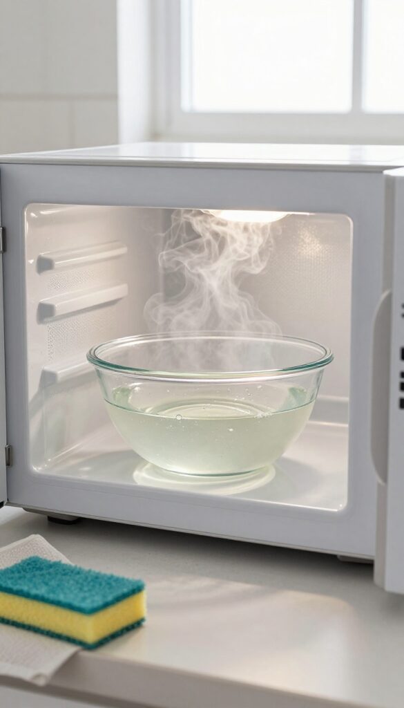 Steam rising from a bowl of vinegar and water inside a clean microwave, with natural light and cleaning tools nearby.