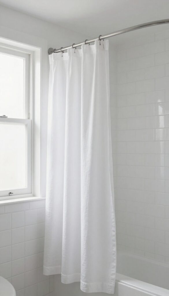 Extra-long white linen shower curtain pooling on bathroom floor, creating vertical line to make ceiling look higher