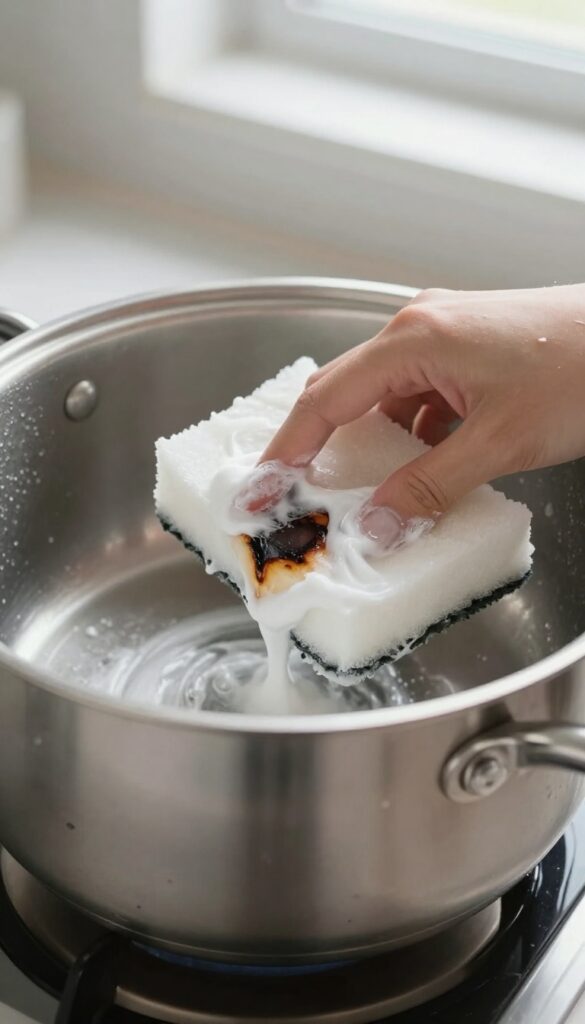 Cleaning a burnt stainless steel pot with Bar Keepers Friend paste and a sponge.