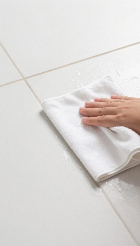 Hand wiping grout lines with a damp microfiber cloth on a clean tile floor