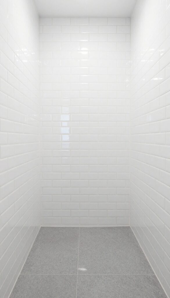 Modern shower with glossy white wall tiles and matte gray floor tiles