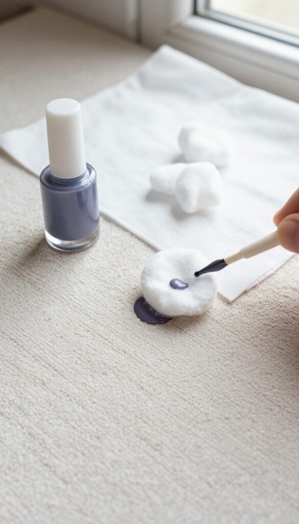 Blotting a nail polish stain on a beige carpet with a cotton ball and non-acetone remover, with bottle and cotton balls nearby.